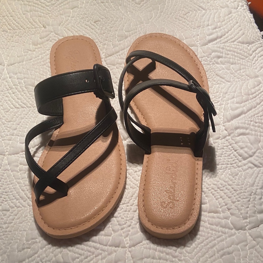 Splendid Black Strappy Slide Sandals with Tan Footbed
